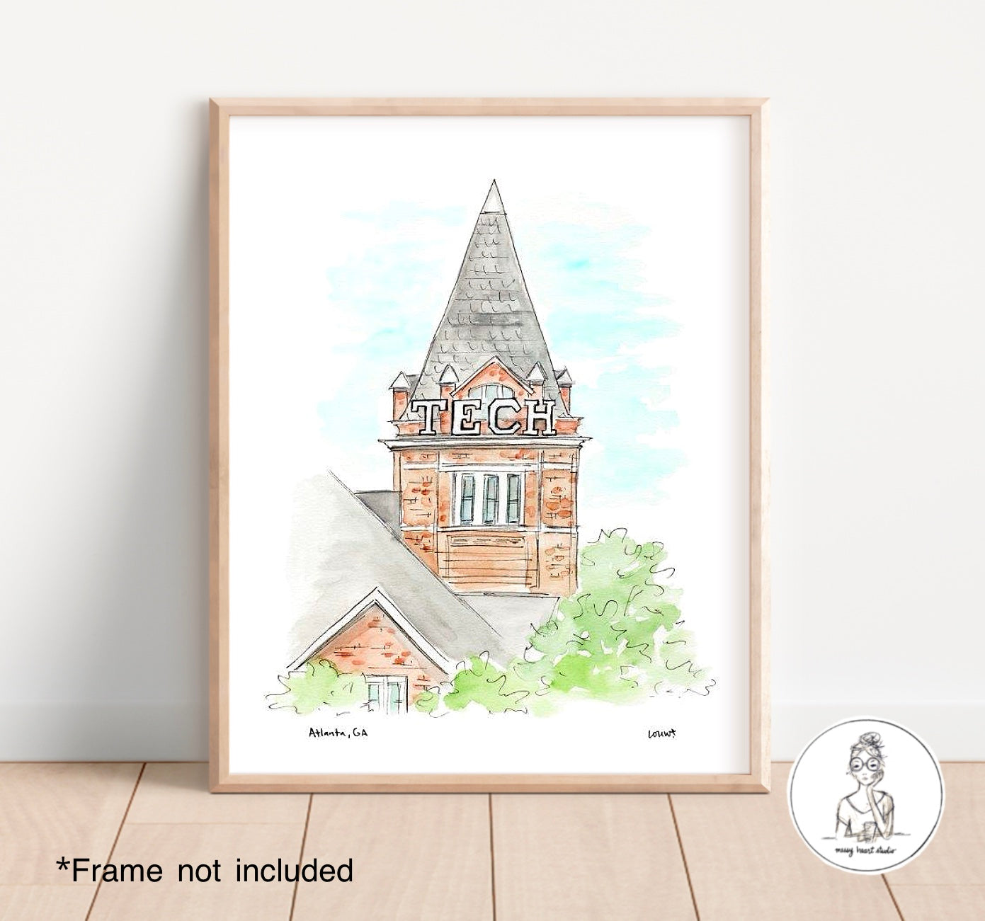 Atlanta, GA - Campus Art (Tower). Watercolor and Ink Print
