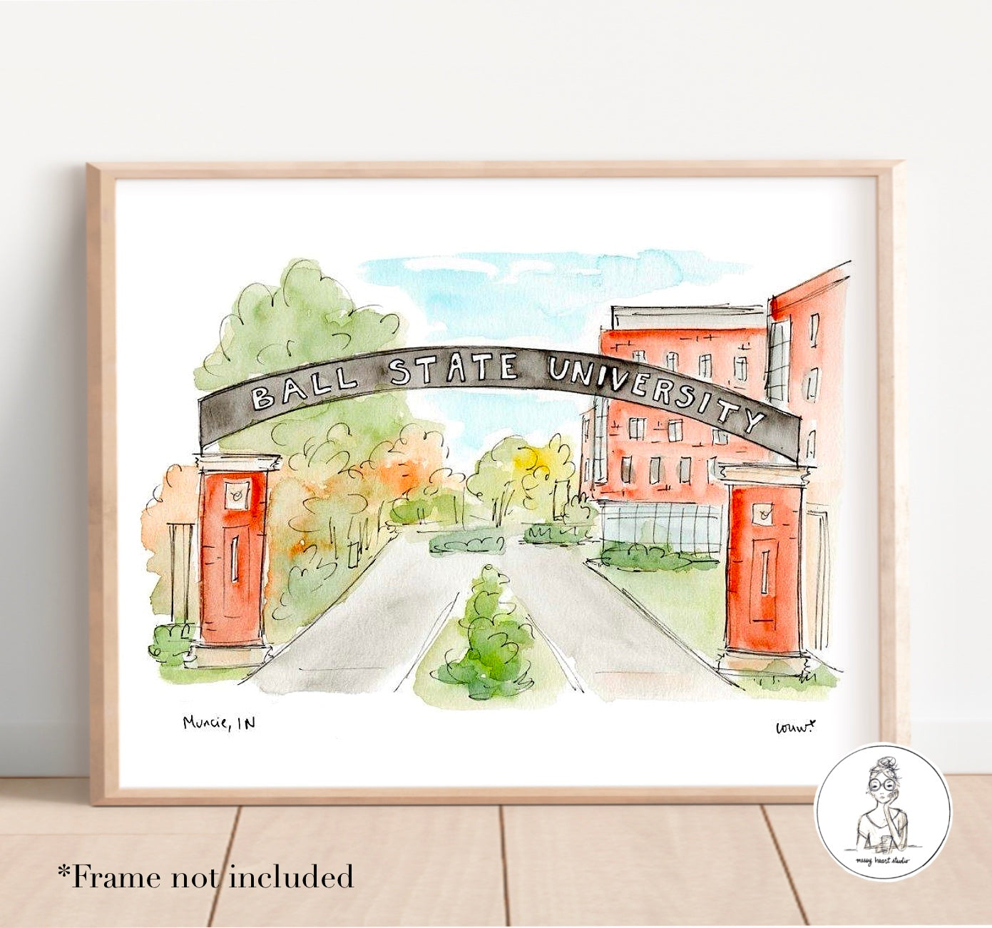 Muncie, IN - Campus Art. Watercolor and Ink Print