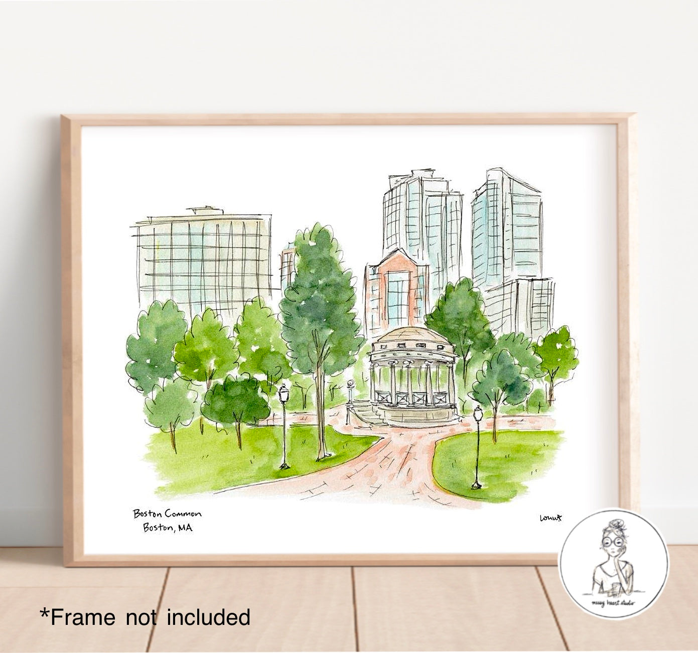 Boston, MA - Boston Common. Watercolor and Ink Print