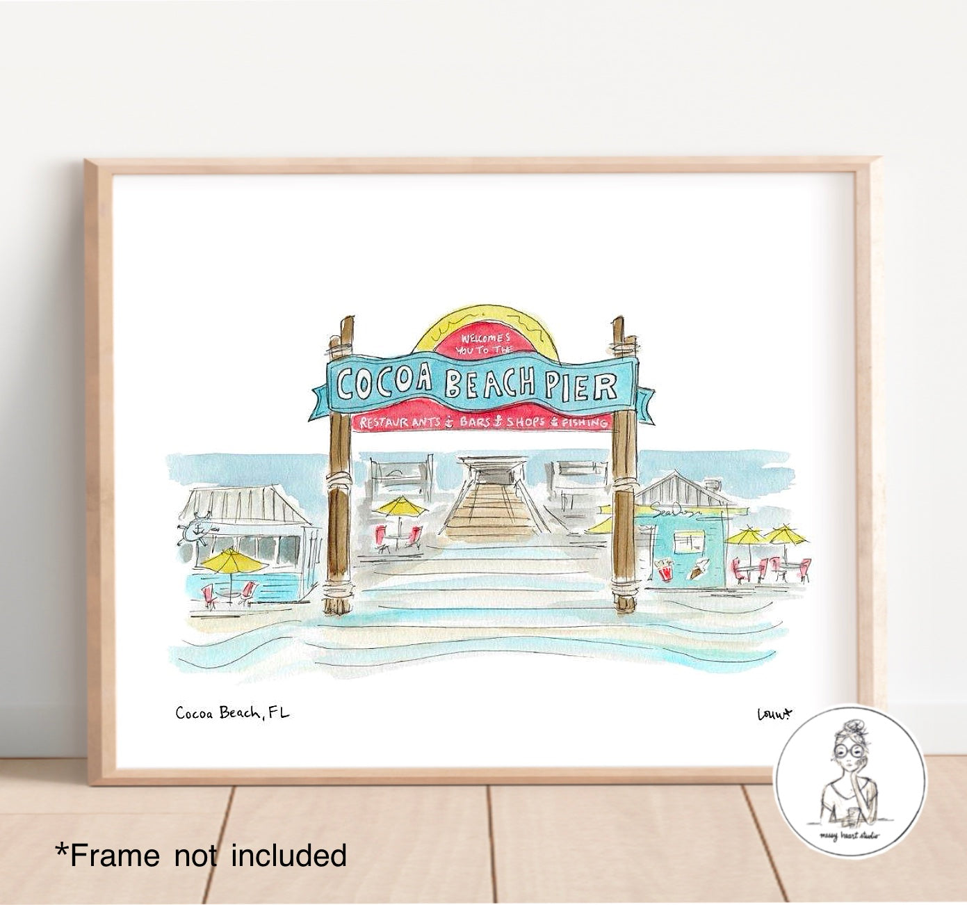 Cocoa Beach, FL - Pier. Watercolor and Ink Print