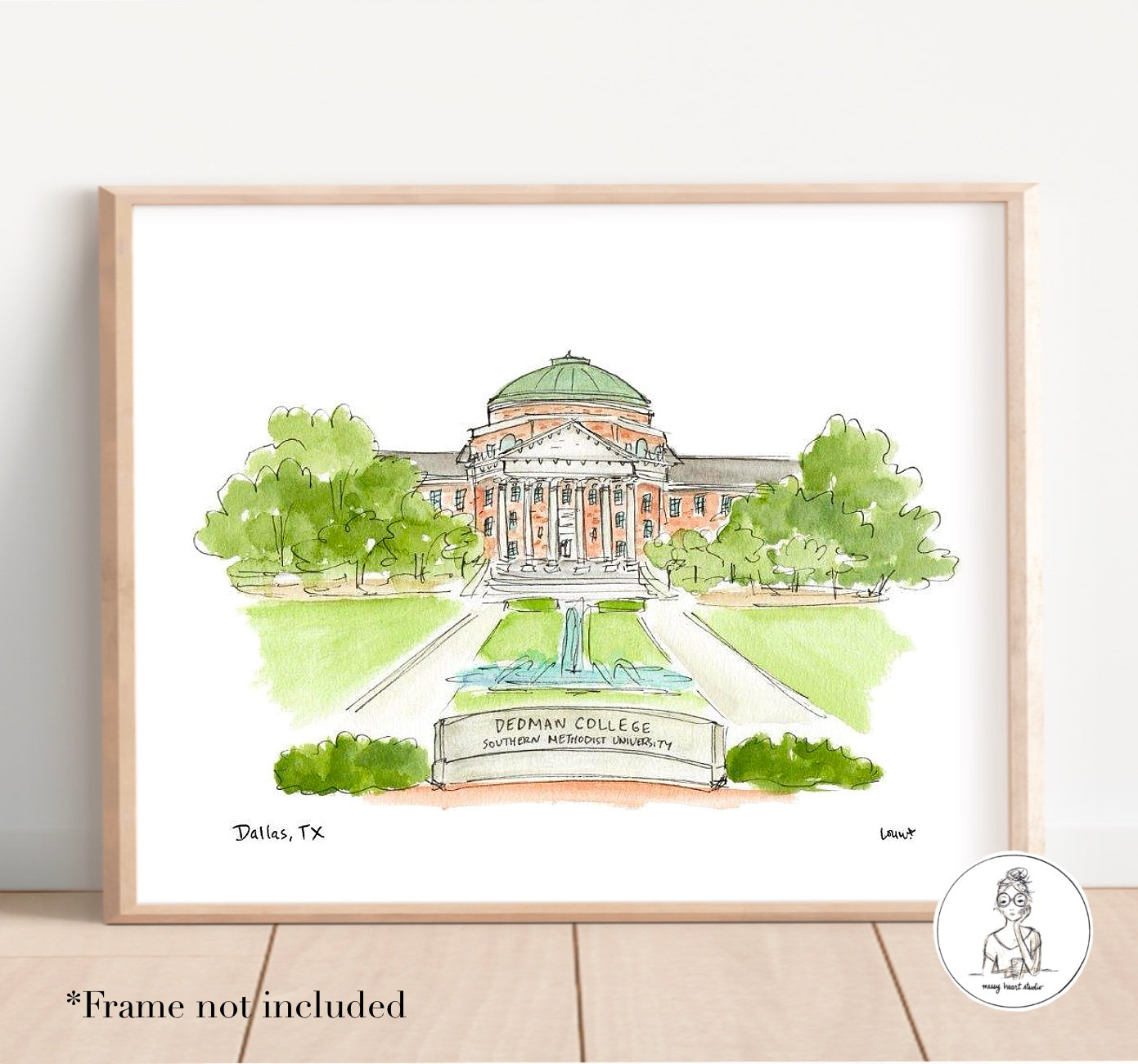 Dallas, TX - Campus Art. Watercolor and Ink Print