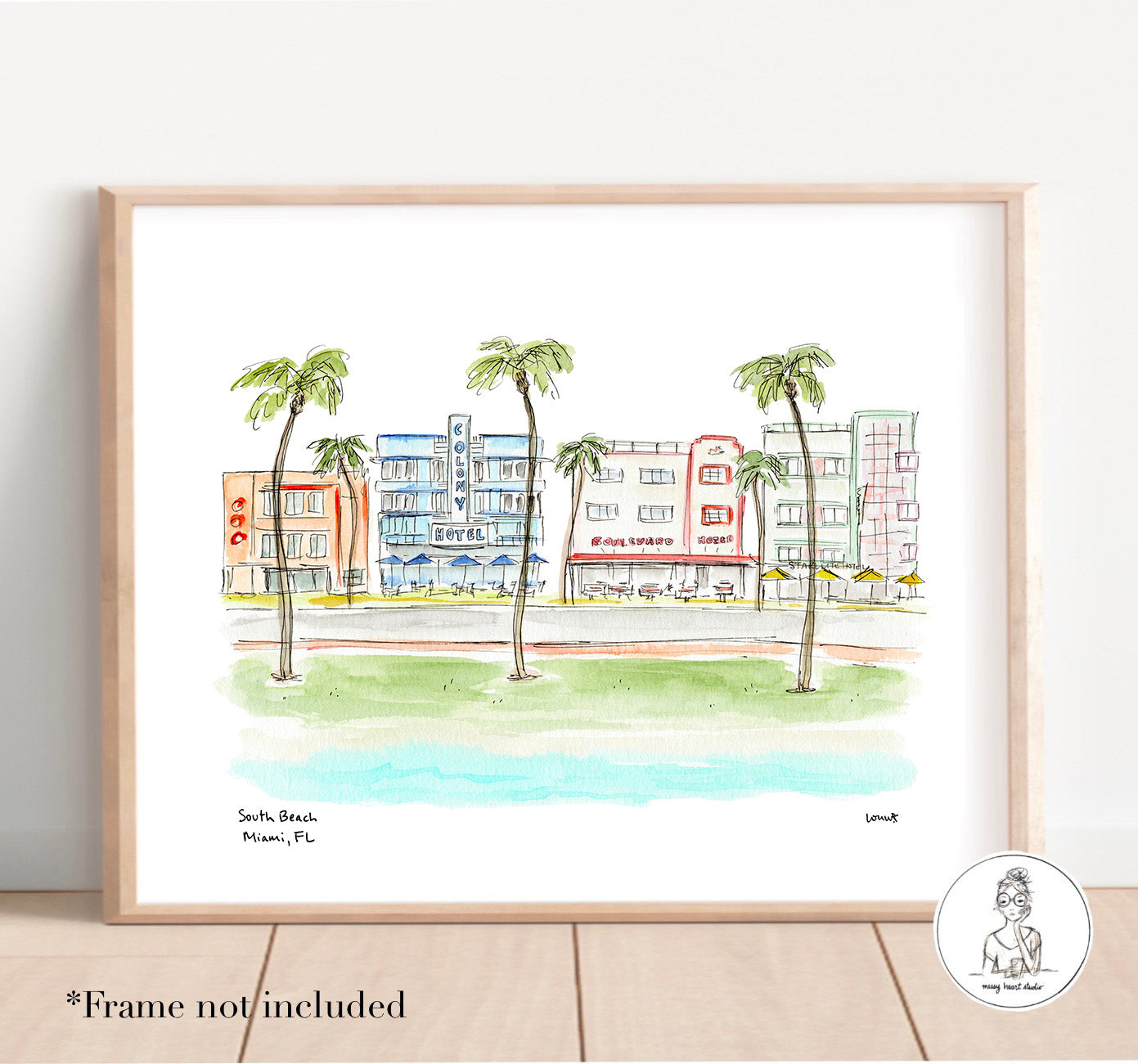 Miami, FL - South Beach. Watercolor and Ink Print
