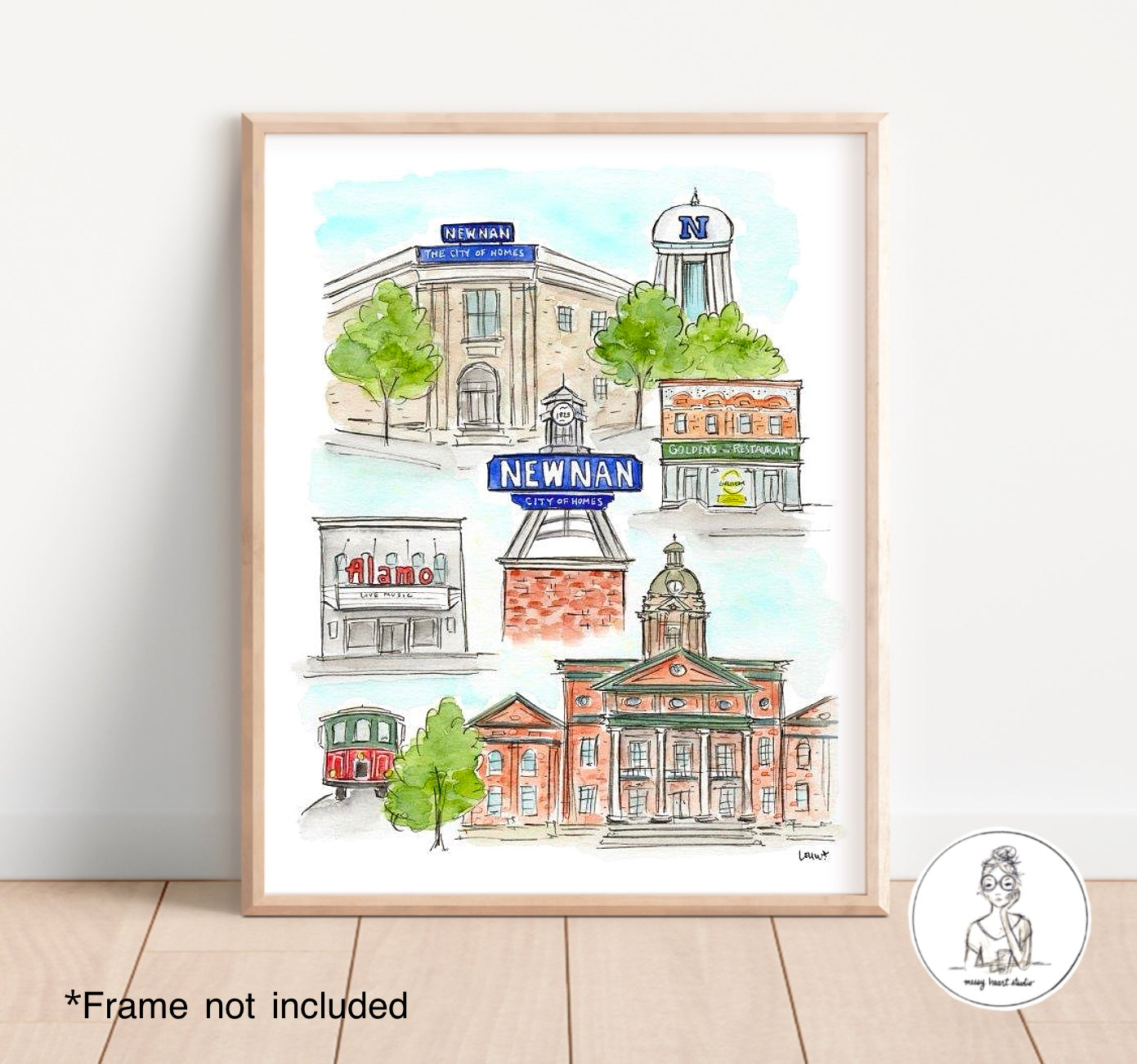 Newnan, GA - Landmark Collage. Watercolor and Ink Print