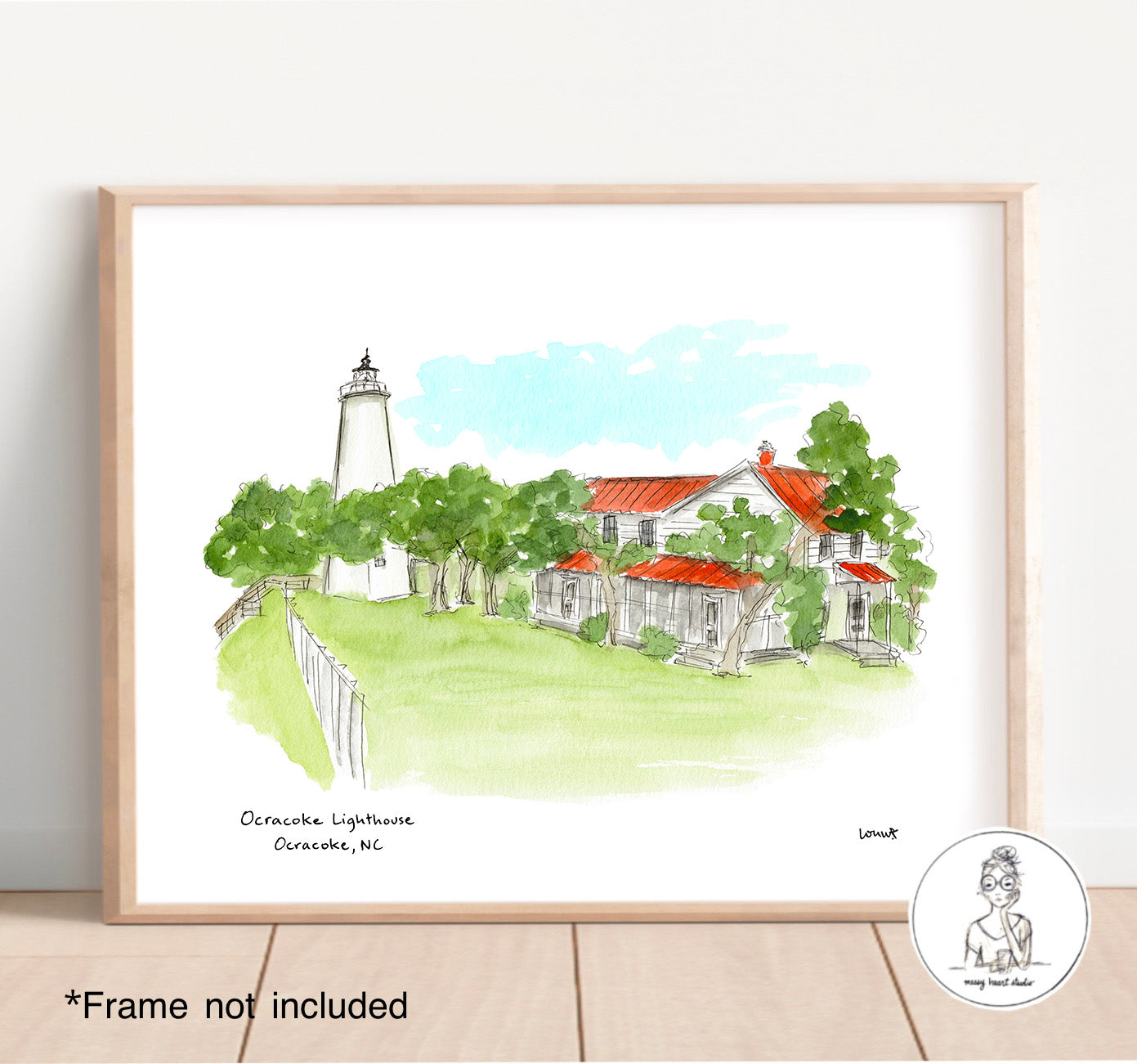 Ocracoke, NC - Ocracoke Lighthouse. Watercolor and Ink Print