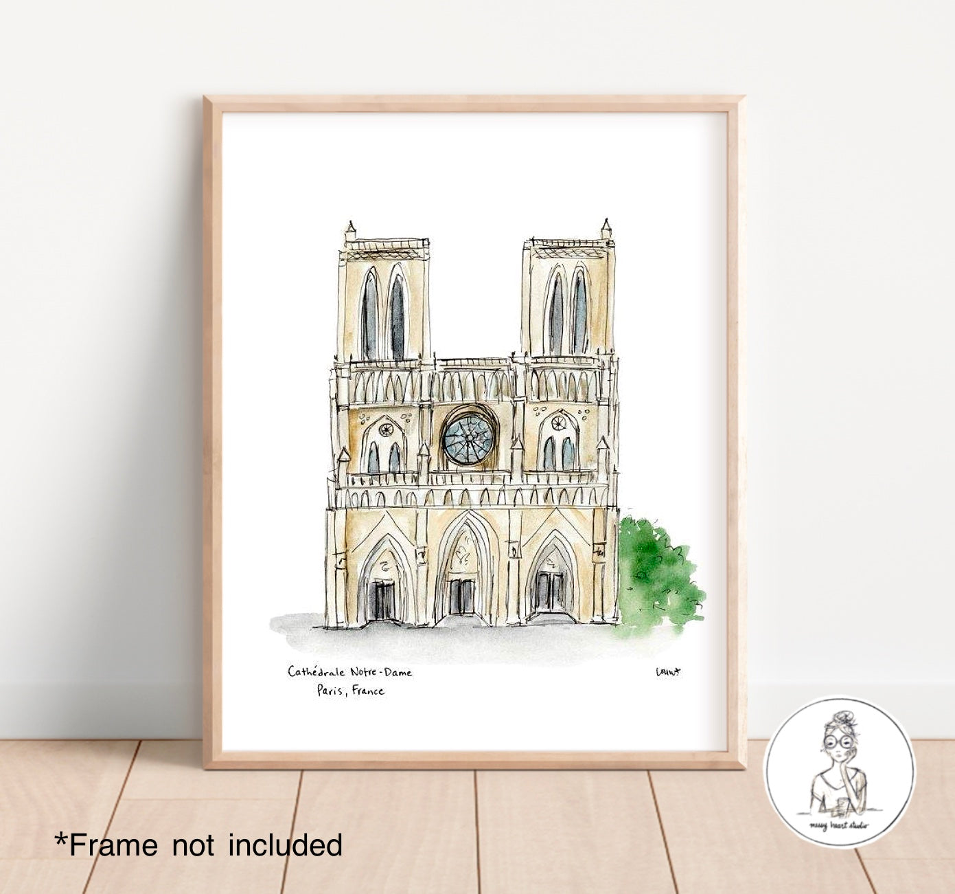 Paris, France - Cathedrale Notre-Dame. Watercolor and Ink Print