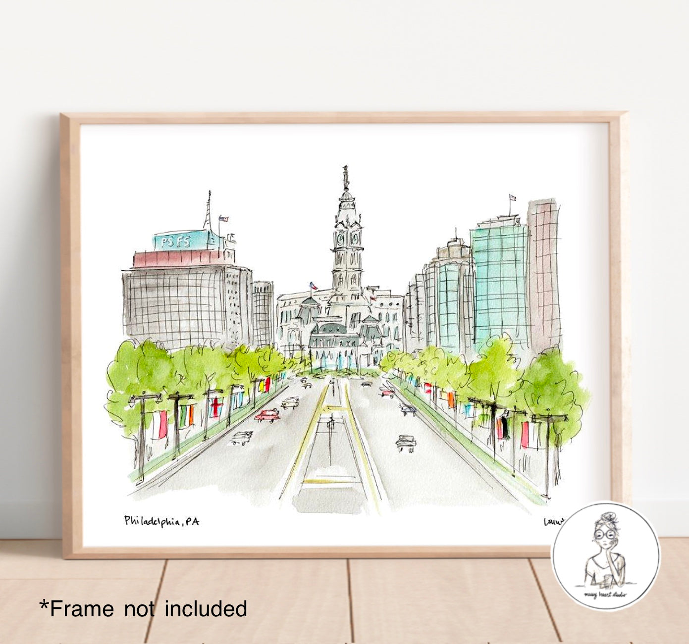 Philadelphia, PA - City Hall & Benjamin Franklin Parkway. Watercolor & Ink Print