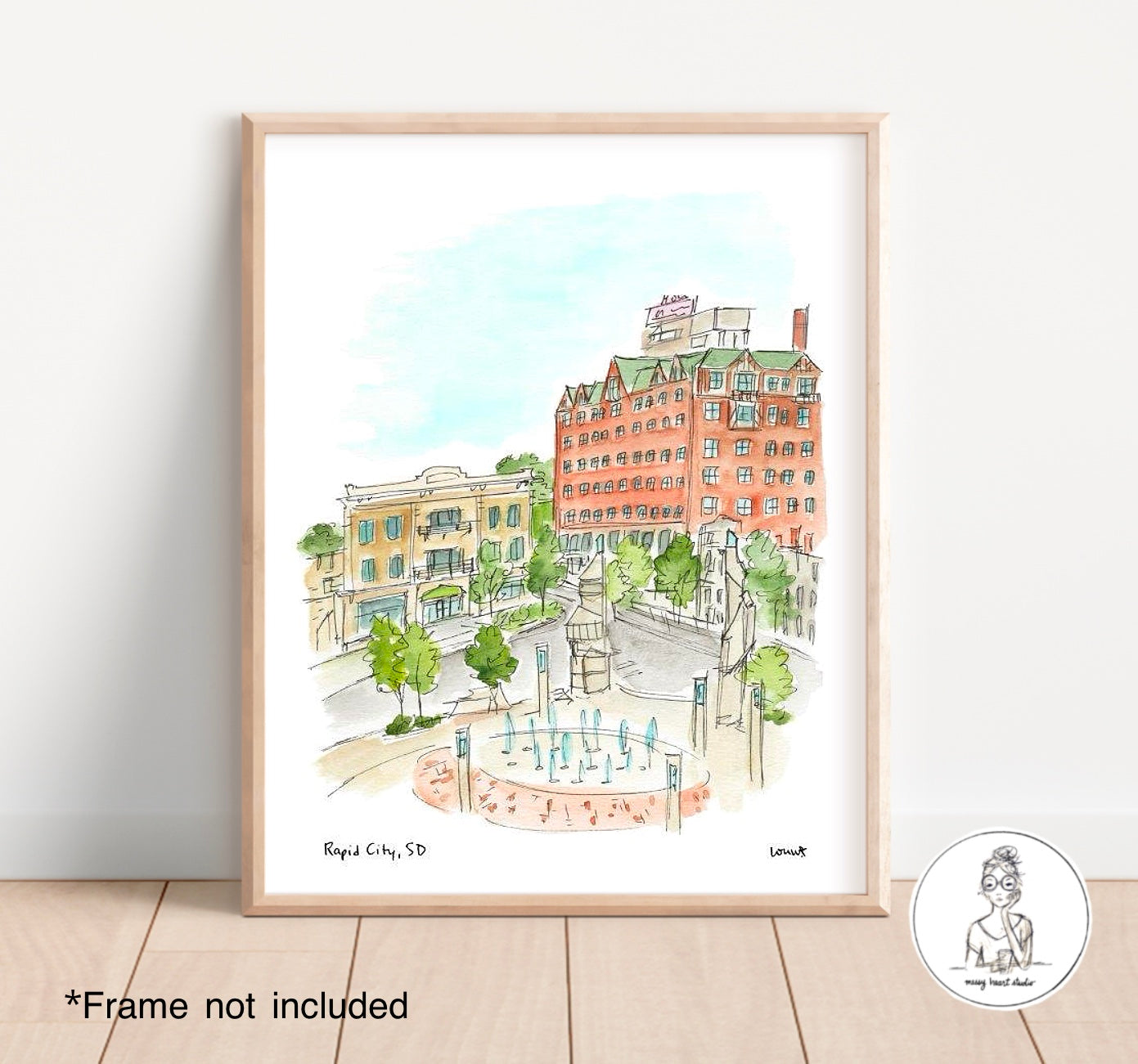 Rapid City, SD - Fountains at Main Street Square. Watercolor and Ink Print