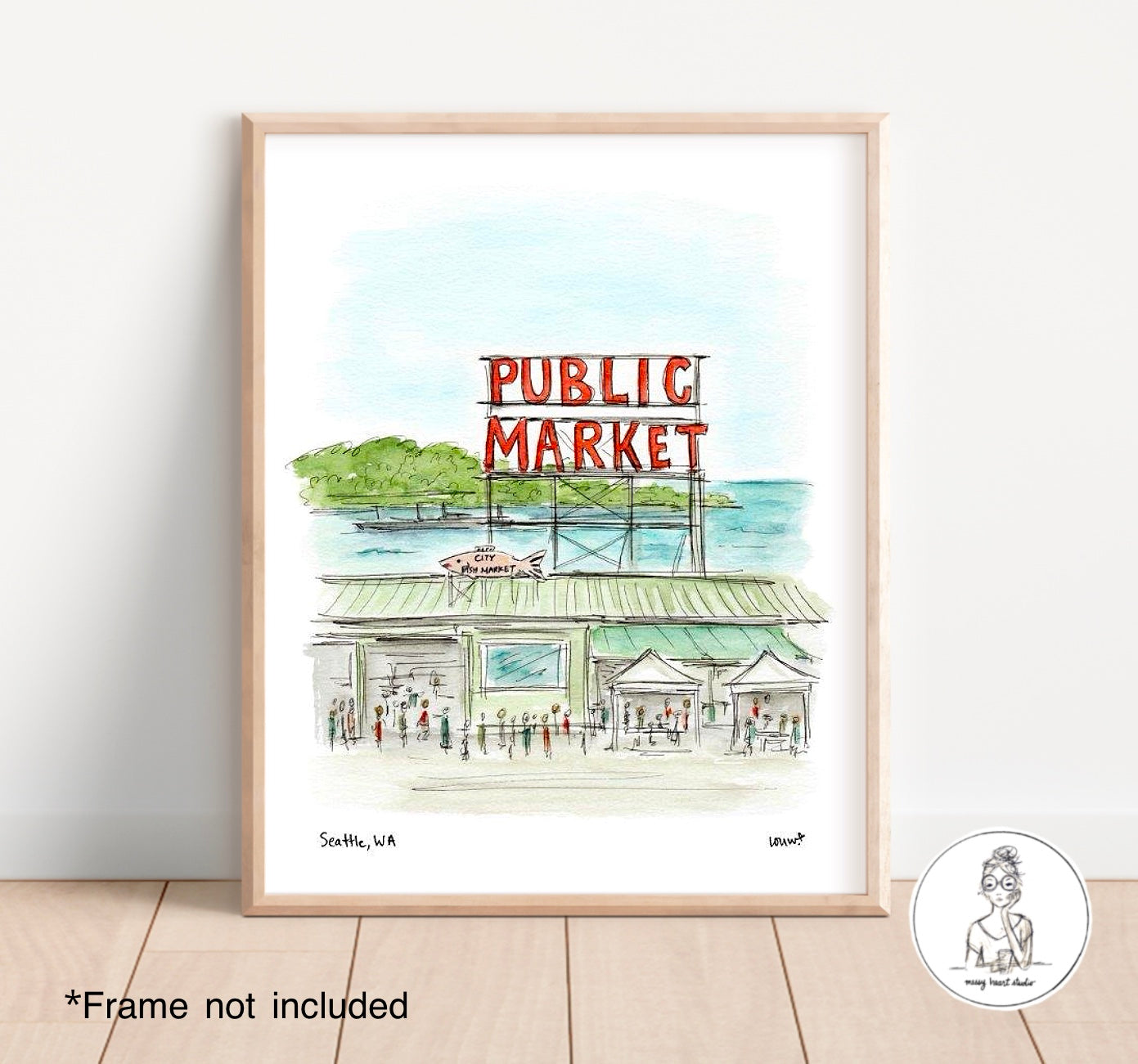 Seattle, WA - Pike Place Market. Watercolor and Ink Print