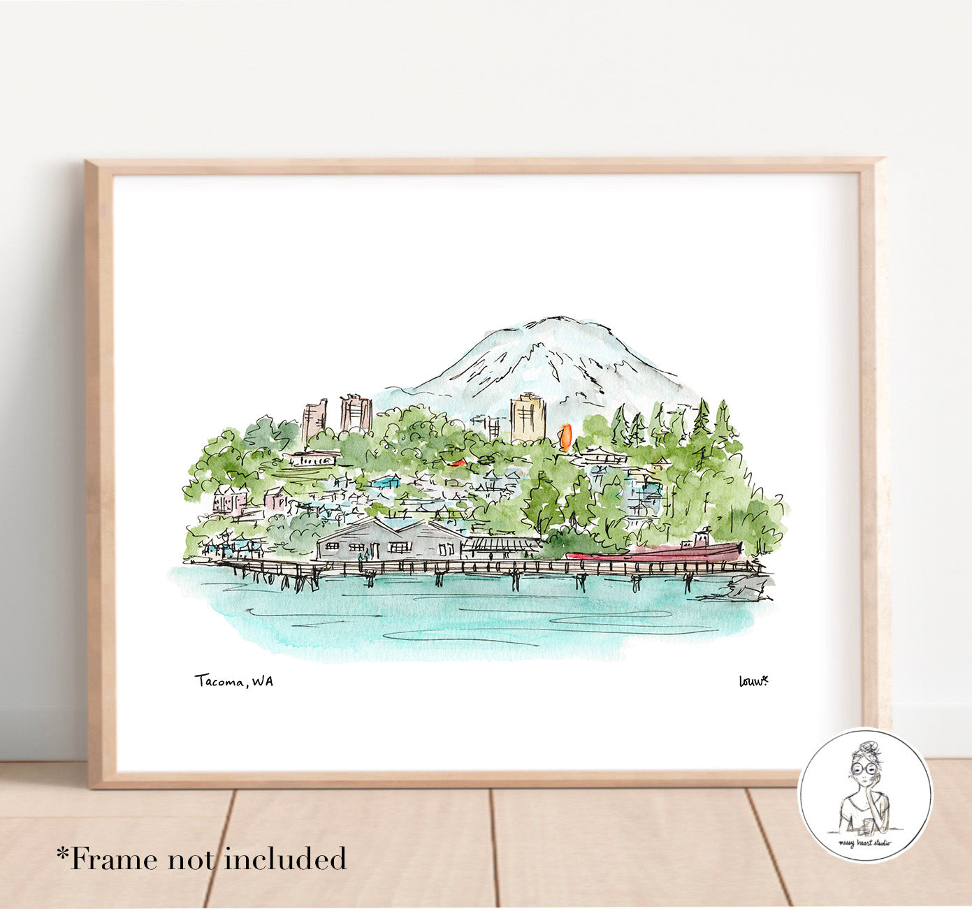 Tacoma, WA - Skyline. Watercolor and Ink Print