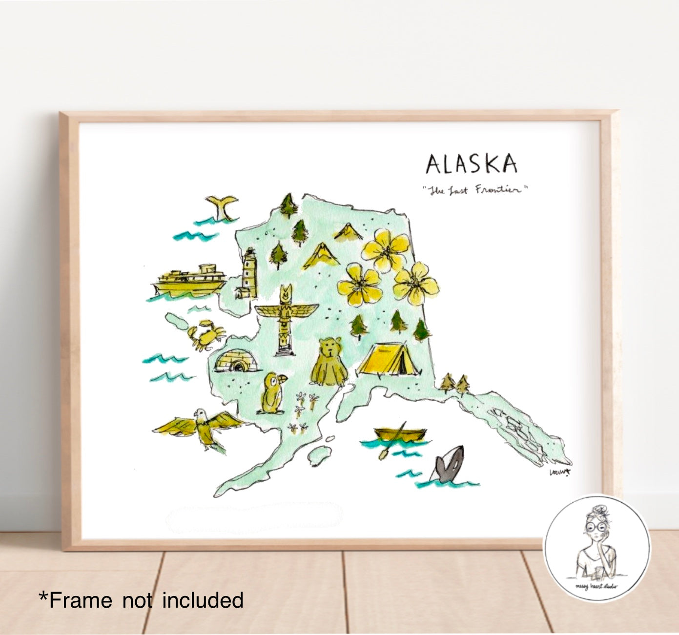 Alaska State Map. Watercolor and Ink Print