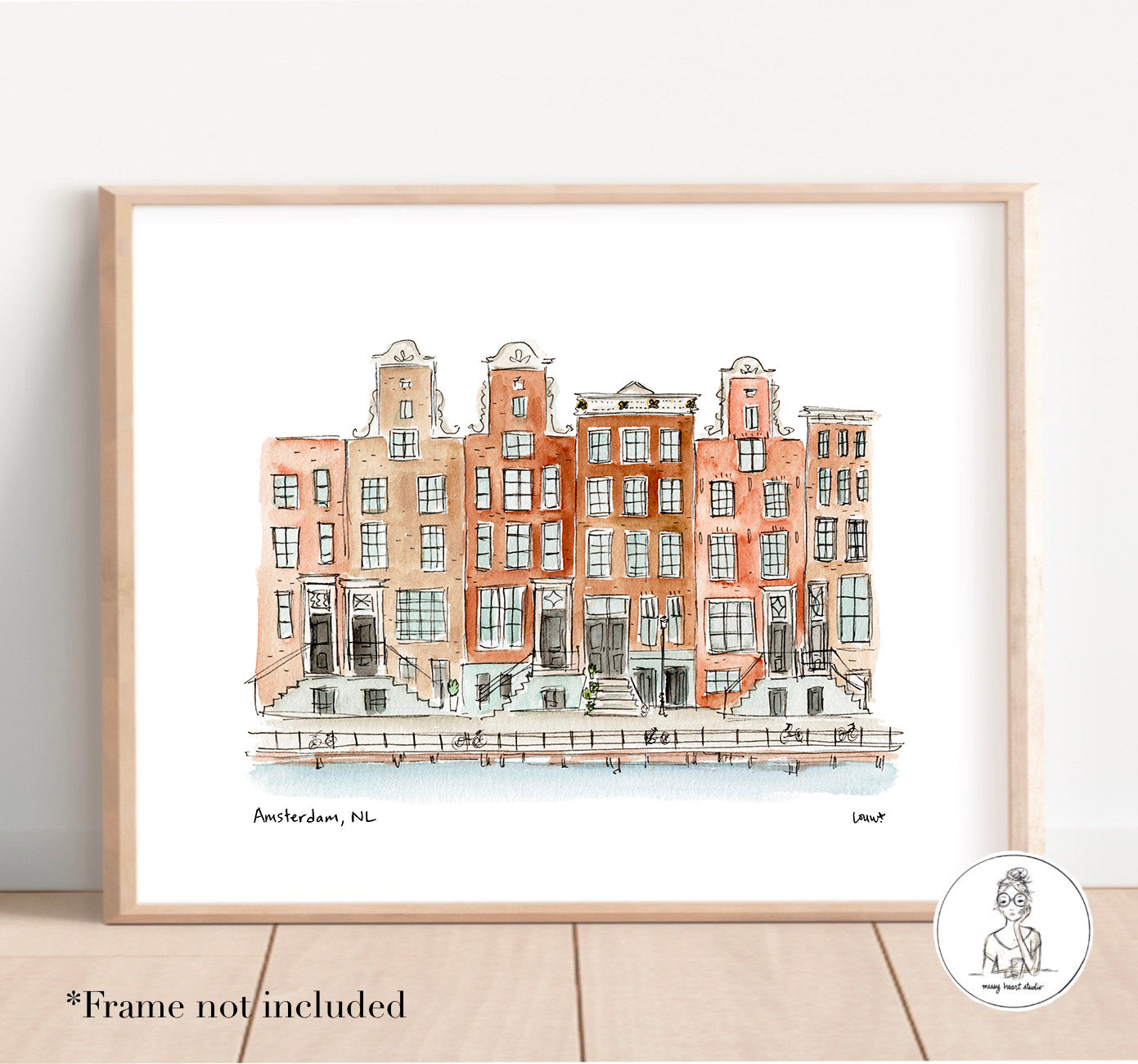 Amsterdam, Netherlands - Row Houses. Watercolor and Ink Print