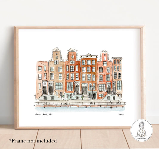 Amsterdam, Netherlands - Row Houses. Watercolor and Ink Print