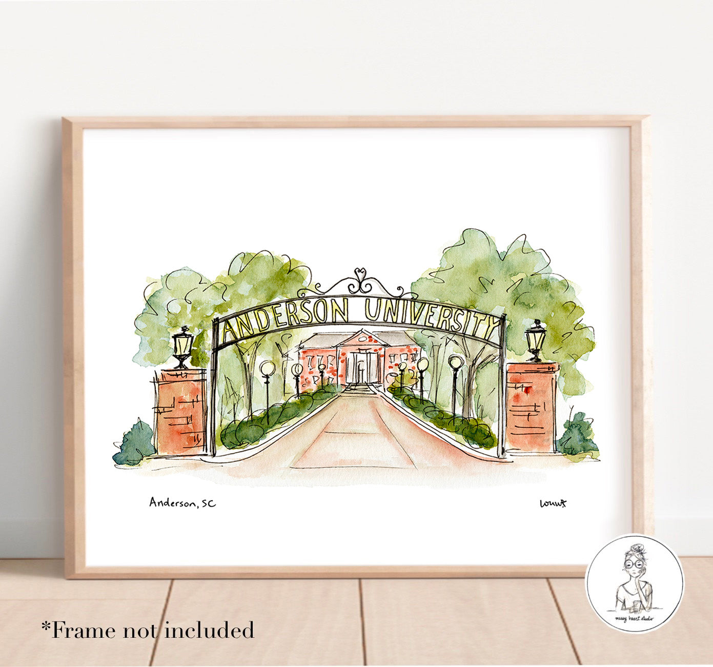 Anderson, SC - Campus Art. Watercolor and ink Print