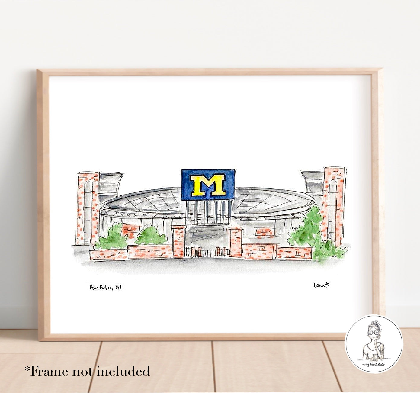 Ann Arbor, MI - College Stadium Art. Watercolor and Ink Print