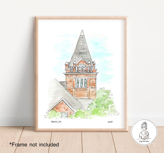 Atlanta, GA - Campus Art (Tower).  Watercolor and Ink Print