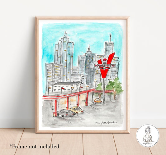 Atlanta, GA - The Varsity (Full Color). Watercolor and Ink Print