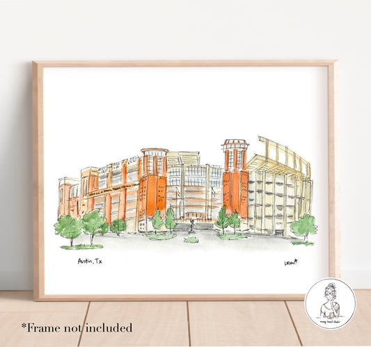 Austin, TX - College Stadium Art. Watercolor and Ink Print