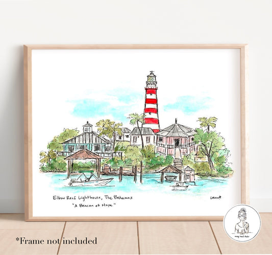 Hope Town, Bahamas  - Elbow Reef Lighthouse. Watercolor and Ink Print