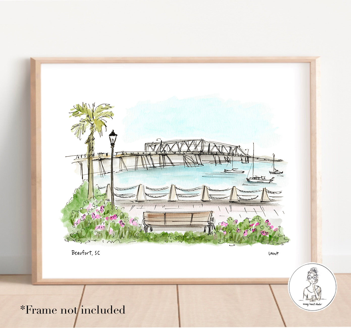 Beaufort, SC - Woods Memorial Bridge. Watercolor and Ink Print