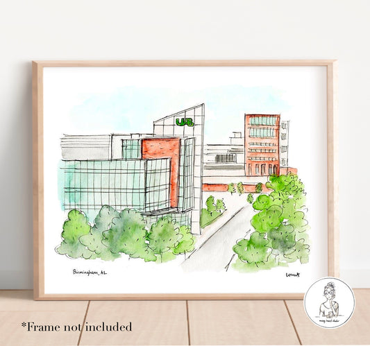 Birmingham, AL - Campus Art. Watercolor and Ink Print