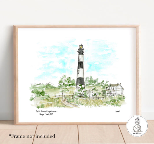 Bodie Island Lighthouse - Nags Head, NC. Watercolor and Ink Print