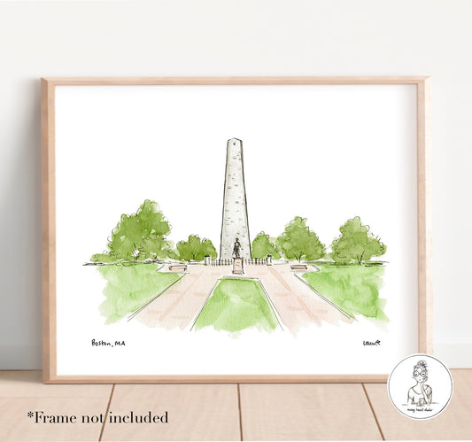 Boston, MA - Bunker Hill Monument. Watercolor and Ink Print