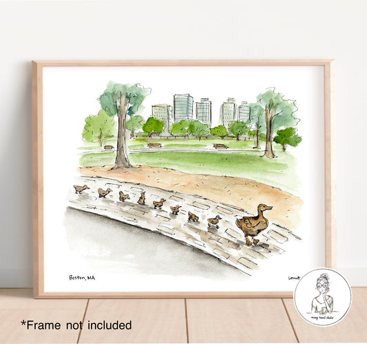 Boston, MA - Boston Public Garden, Ducklings. Watercolor and Ink Print