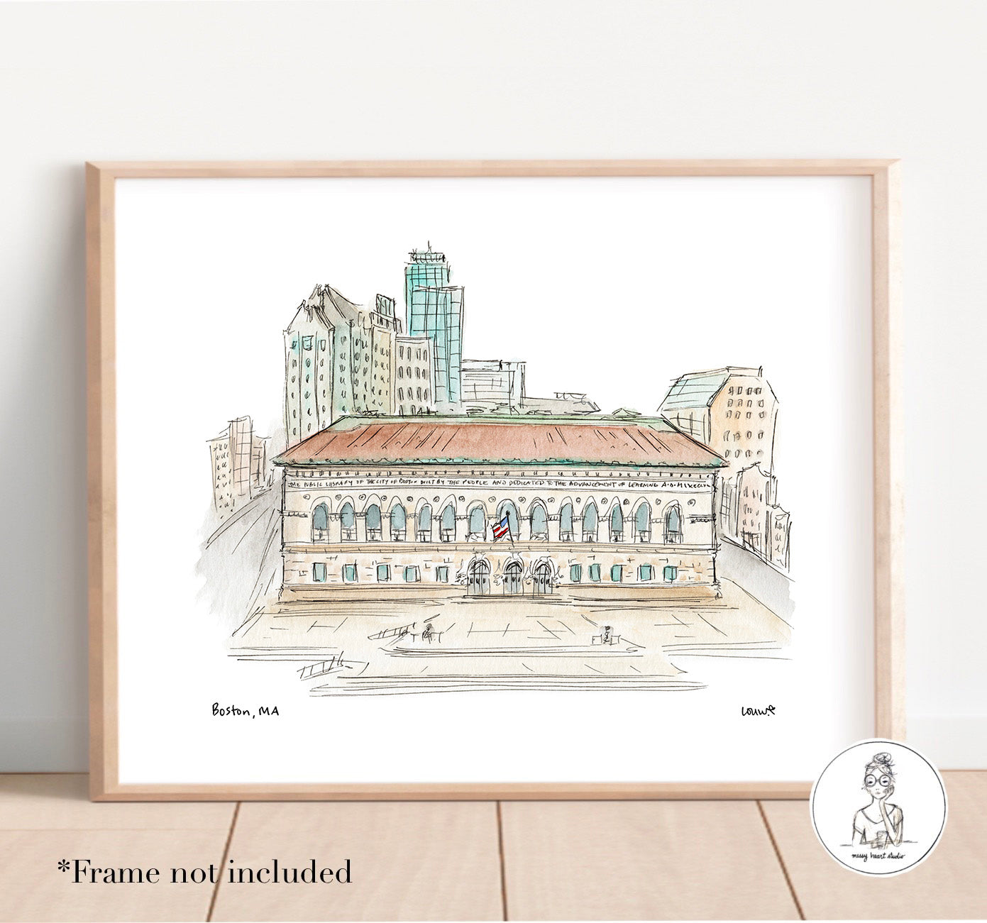 Boston, MA - Public Library. Watercolor and Ink Print