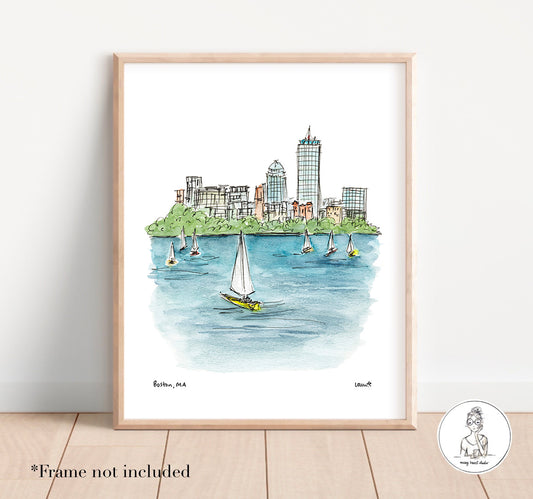 Boston, MA - Skyline. Watercolor and Ink Print