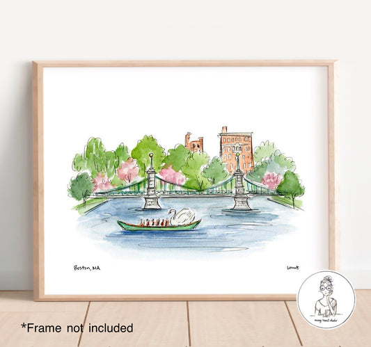 Boston, MA - Boston Public Garden, Swan Boat. Watercolor and Ink Print