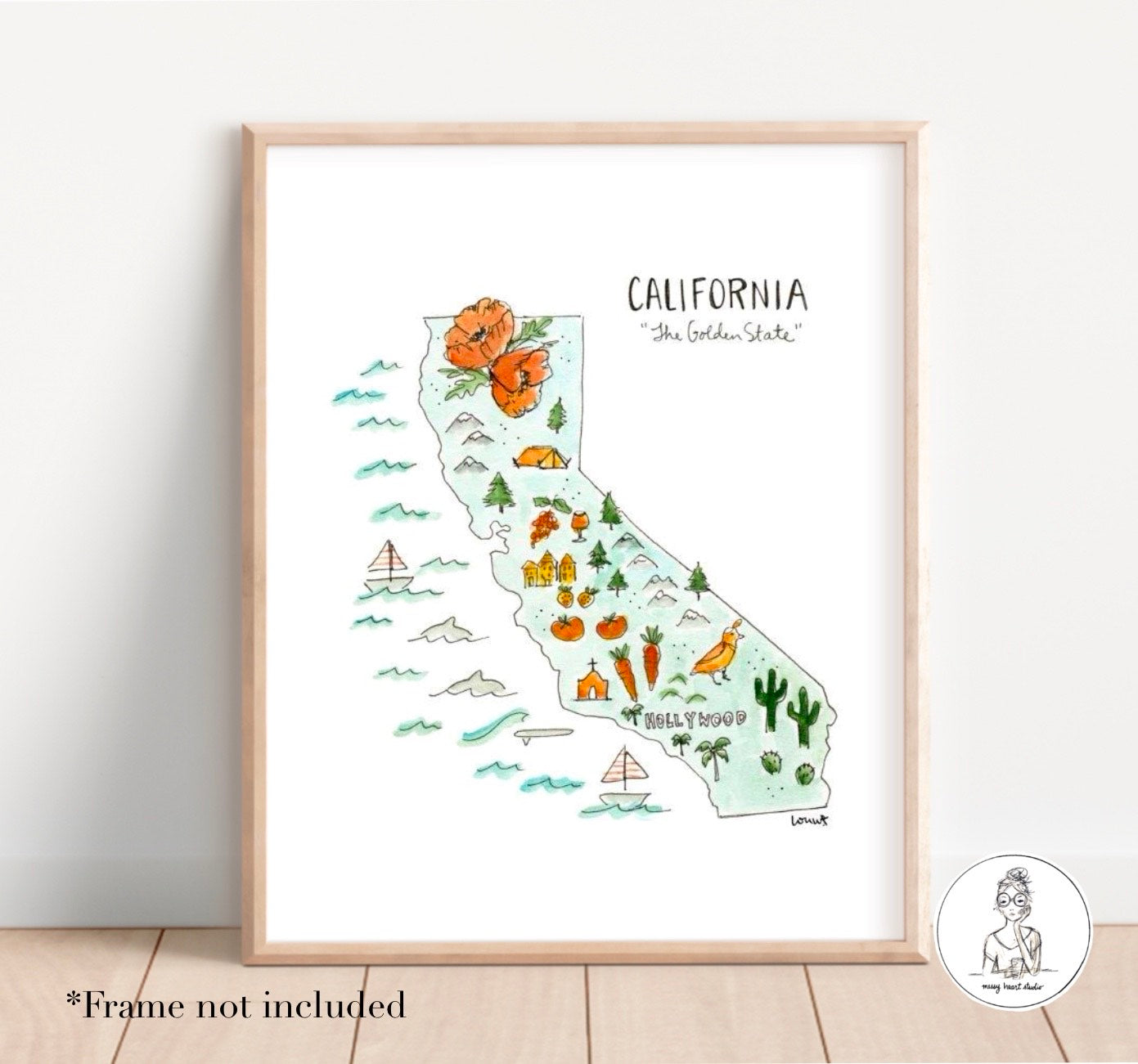 California State Map. Watercolor and Ink Print