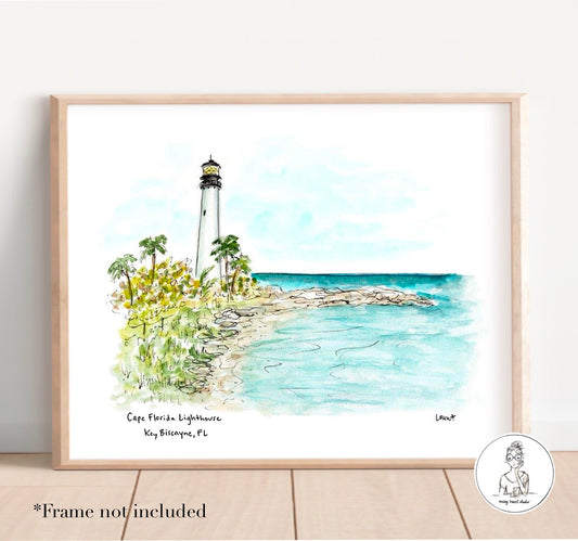 Key Biscayne, FL - Cape Florida Lighthouse. Watercolor and Ink Print