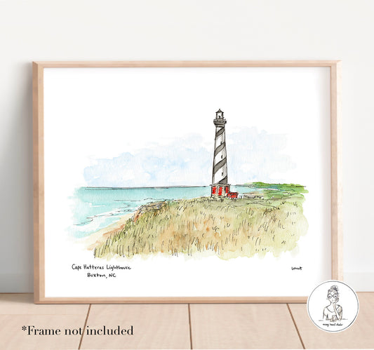 Buxton, NC - Cape Hatteras Lighthouse. Watercolor and Ink Print