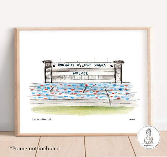 Carrollton, GA - College Stadium. Watercolor and Ink Print