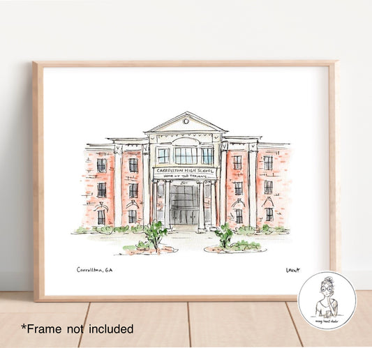 Carrollton, GA - Carrollton High School. Watercolor and Ink Print