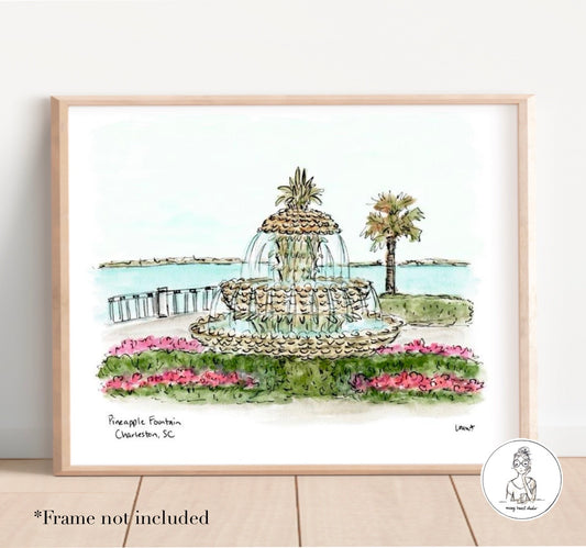 Pineapple Fountain - Charleston, SC. Watercolor and Ink Print