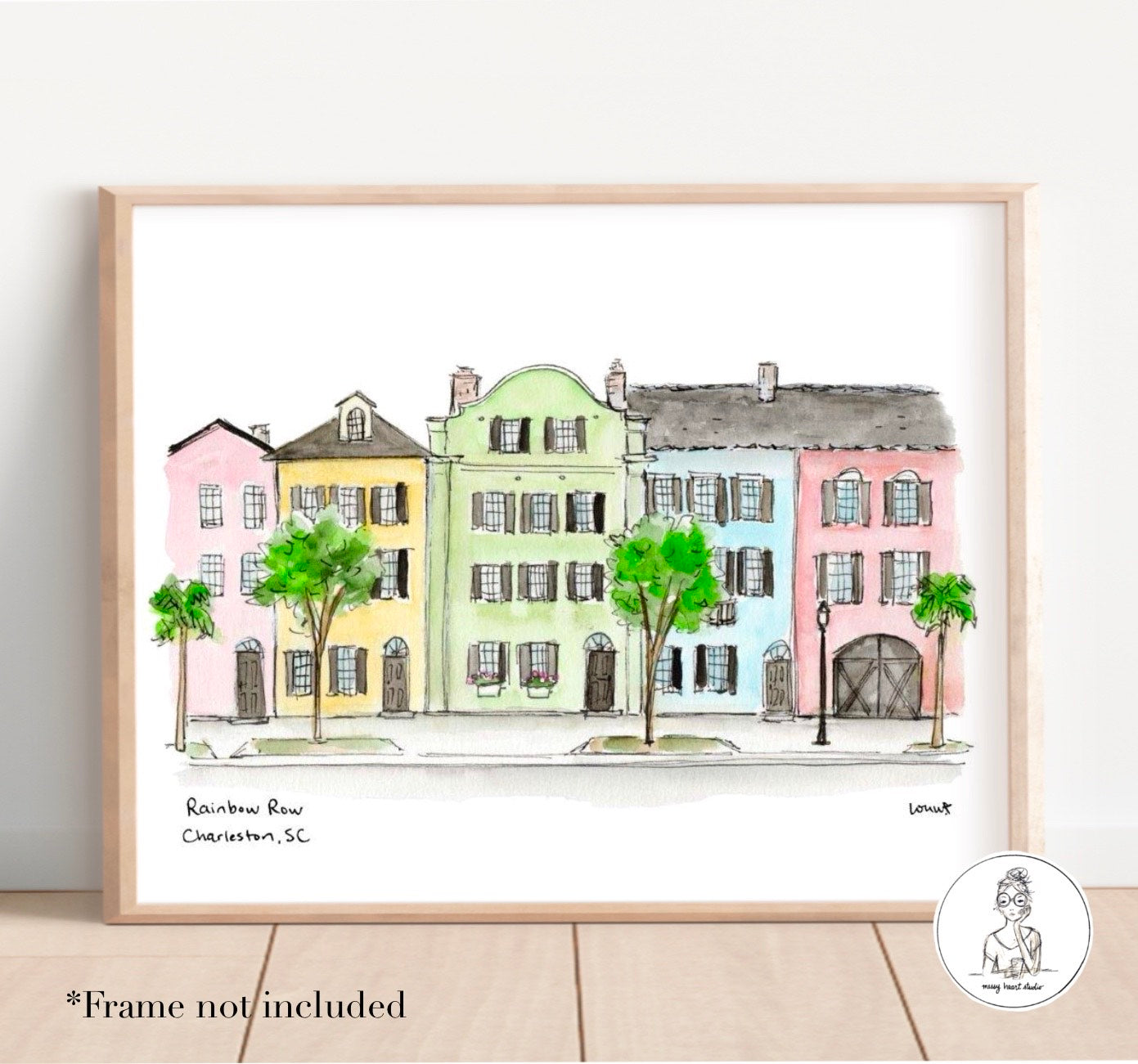 Rainbow Row - Charleston, SC. Watercolor and Ink Print