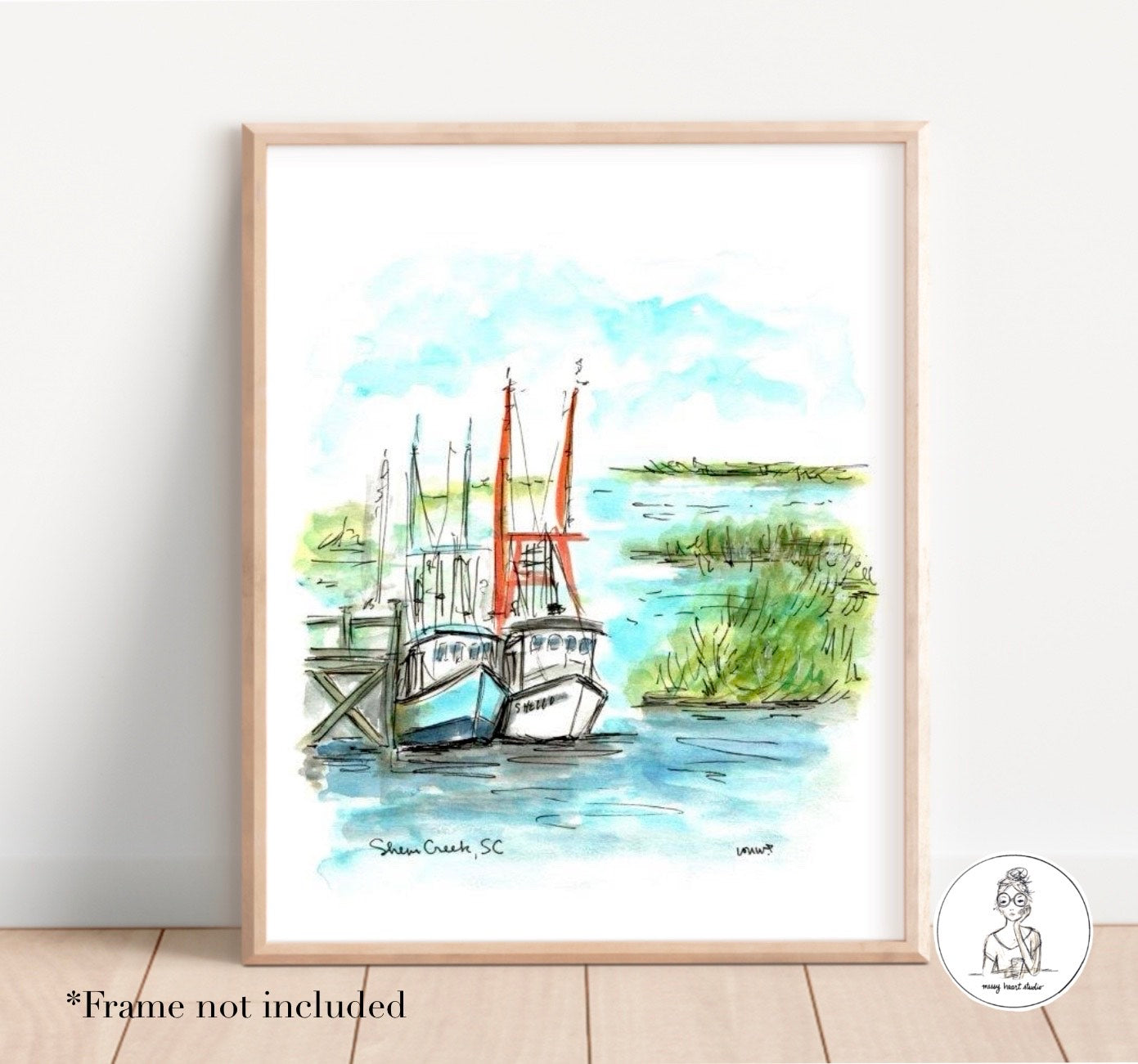 Shem Creek - Charleston, SC. Watercolor and Ink Print