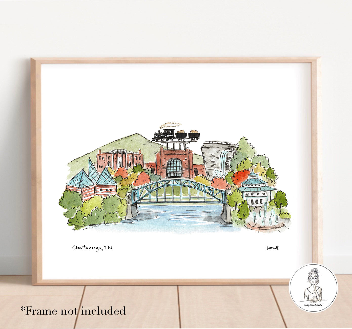 Chattanooga, TN - Landmark Collage. Watercolor and Ink Print