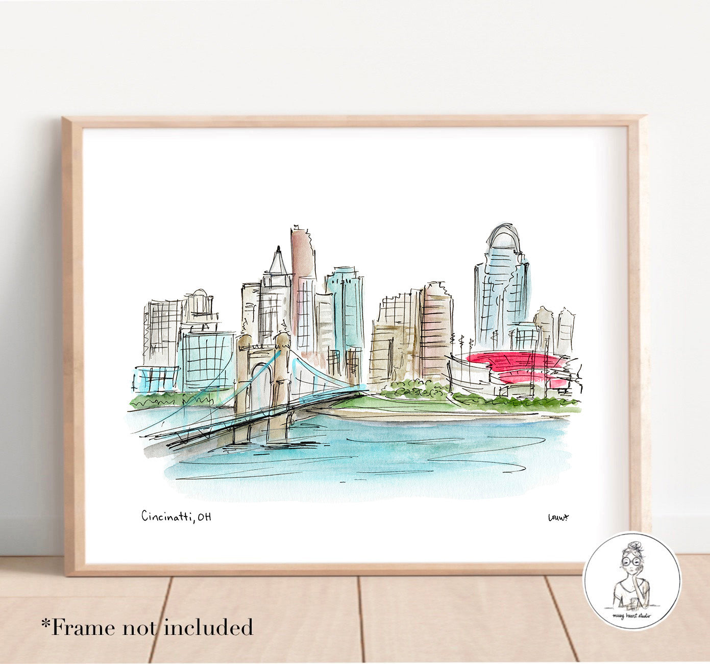 Cincinnati, OH - Skyline. Watercolor and Ink Print