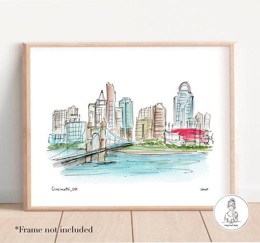 Cincinnati, OH - Skyline. Watercolor and Ink Print