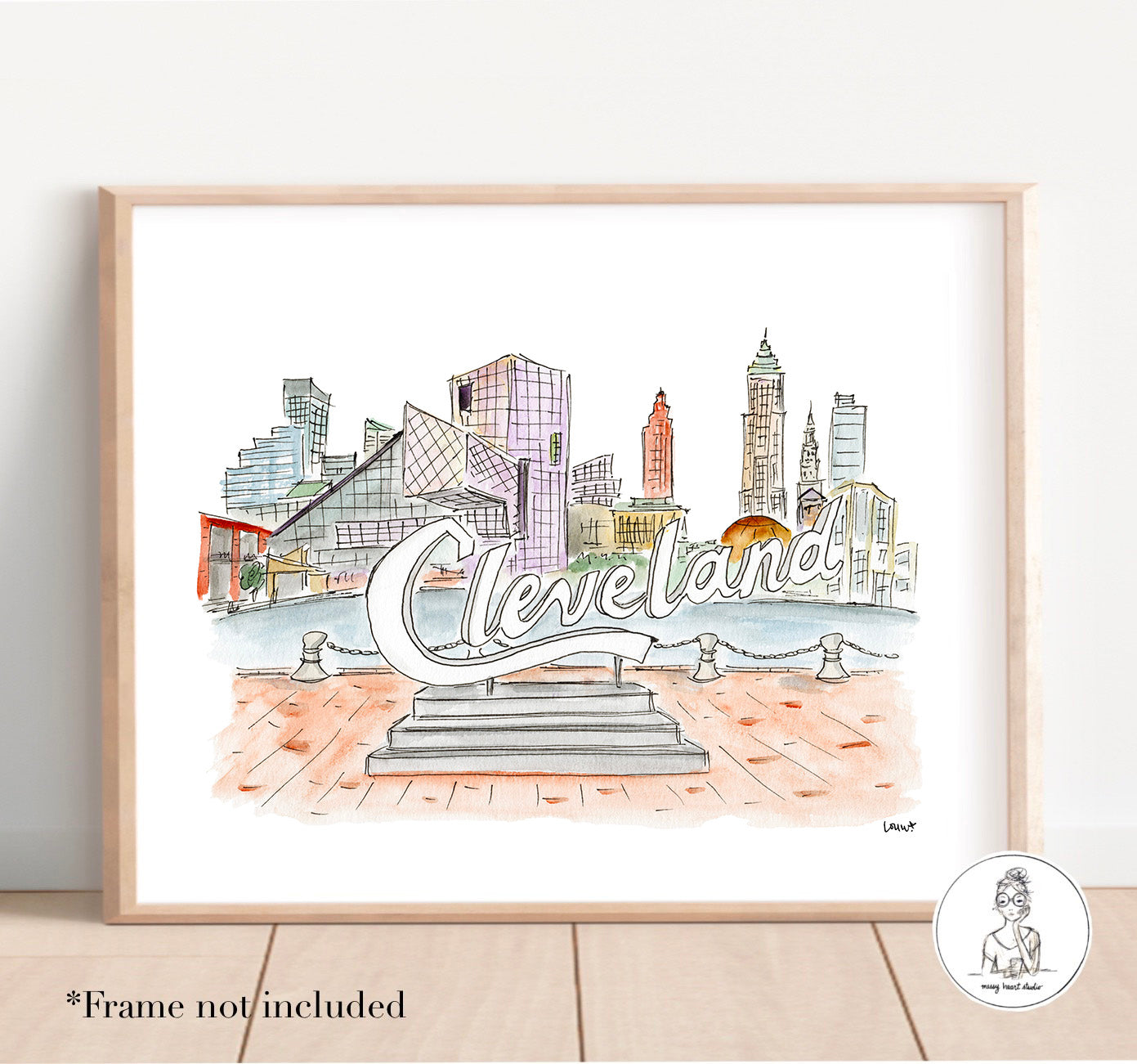 Cleveland, OH - Skyline and Sign. Watercolor and Ink Print