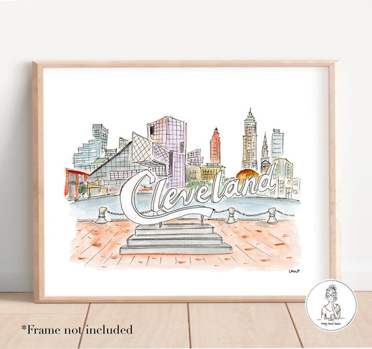 Cleveland, OH - Skyline and Sign. Watercolor and Ink Print