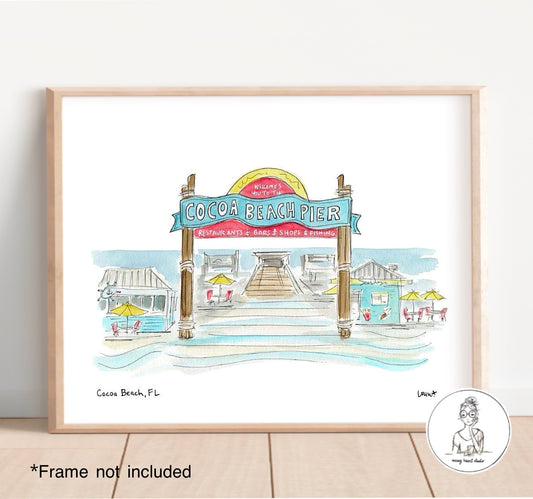 Cocoa Beach, FL - Pier. Watercolor and Ink Print