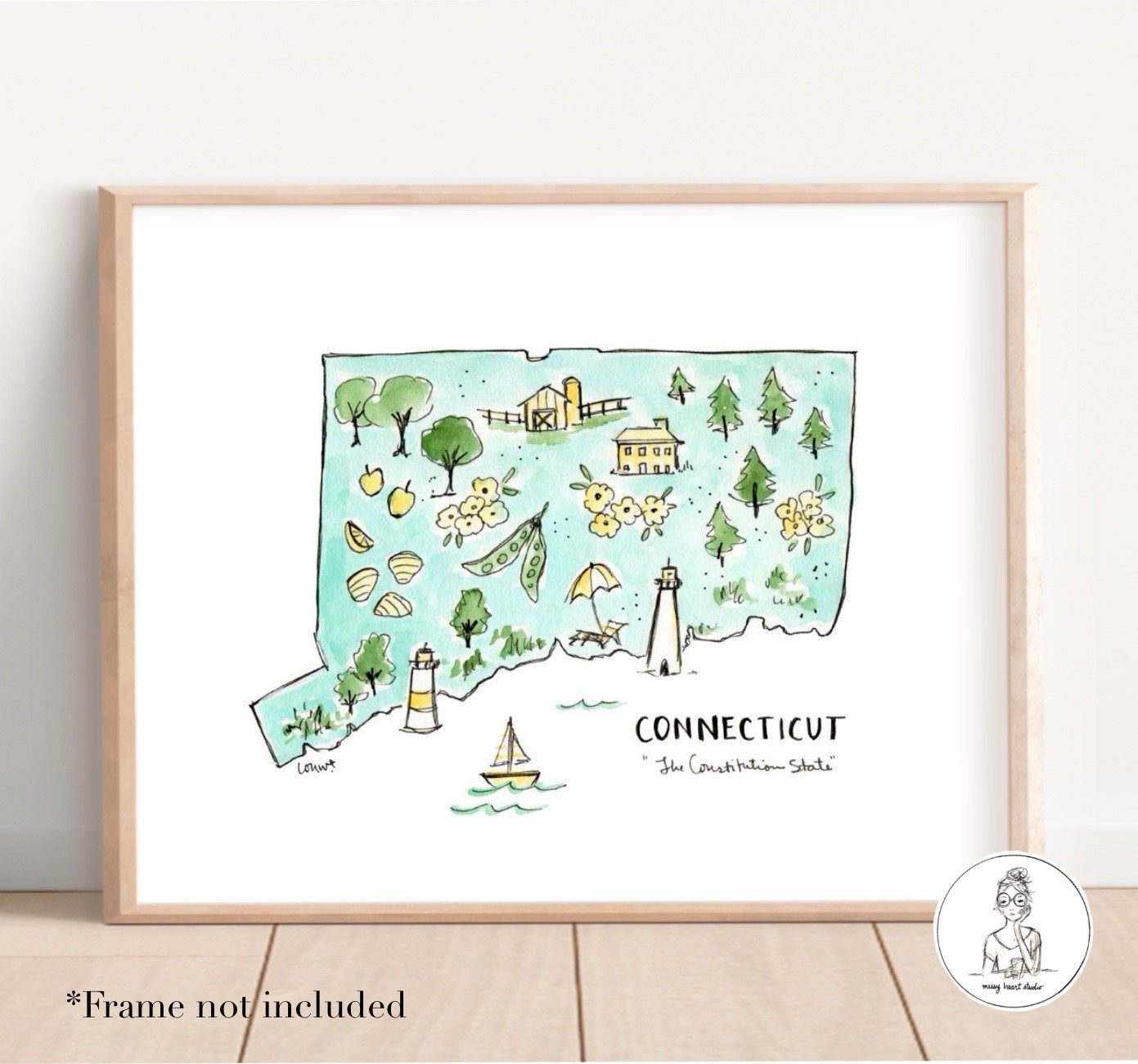 Connecticut State Map. Watercolor and Ink Print