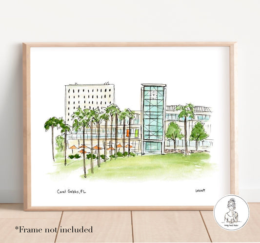 Coral Gables, FL - Campus Art. Watercolor and Ink Print