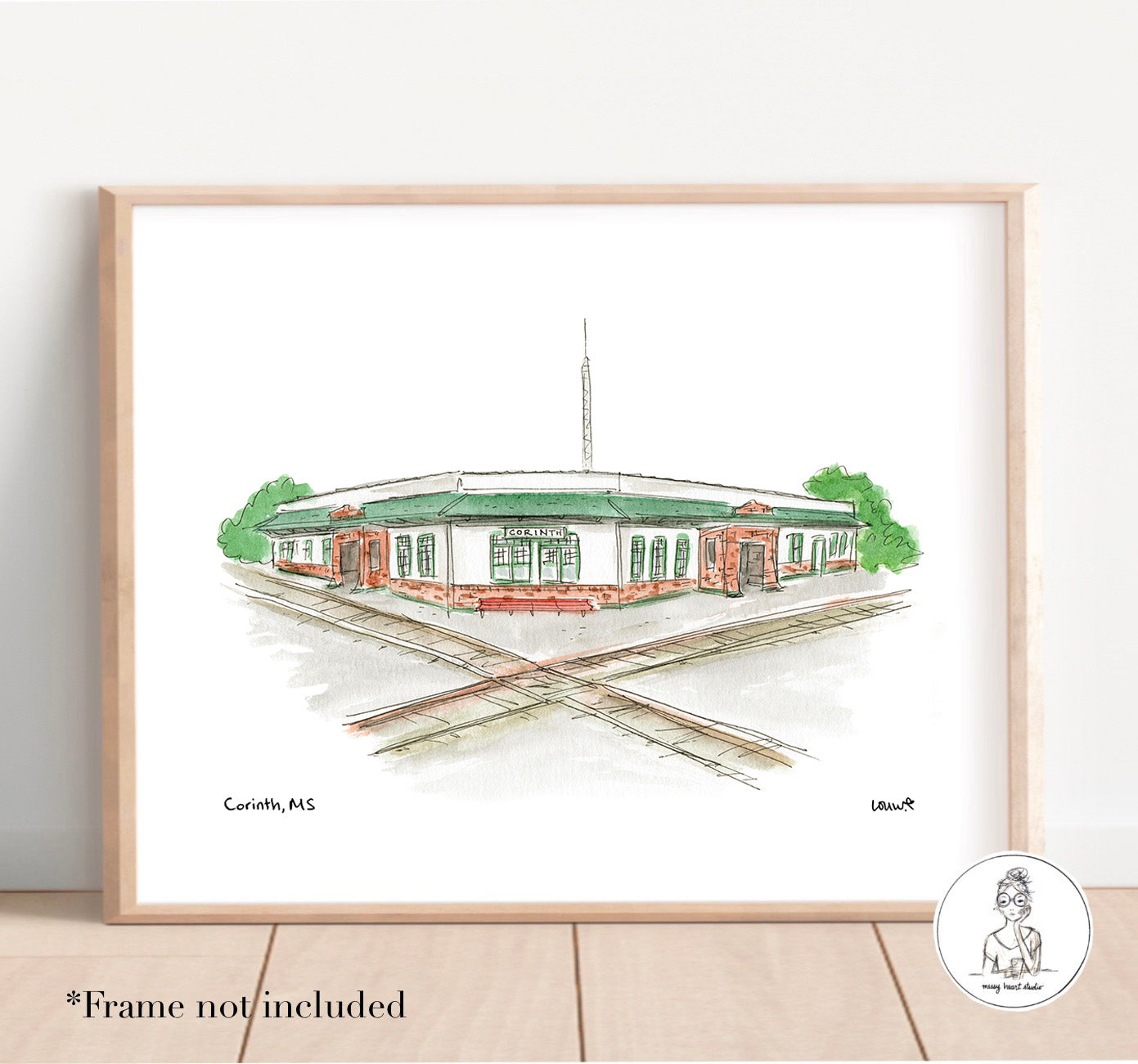 Corinth, MS - Train Depot and Crossroads. Watercolor and Ink Print