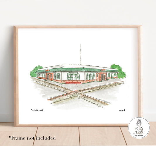 Corinth, MS - Train Depot and Crossroads. Watercolor and Ink Print