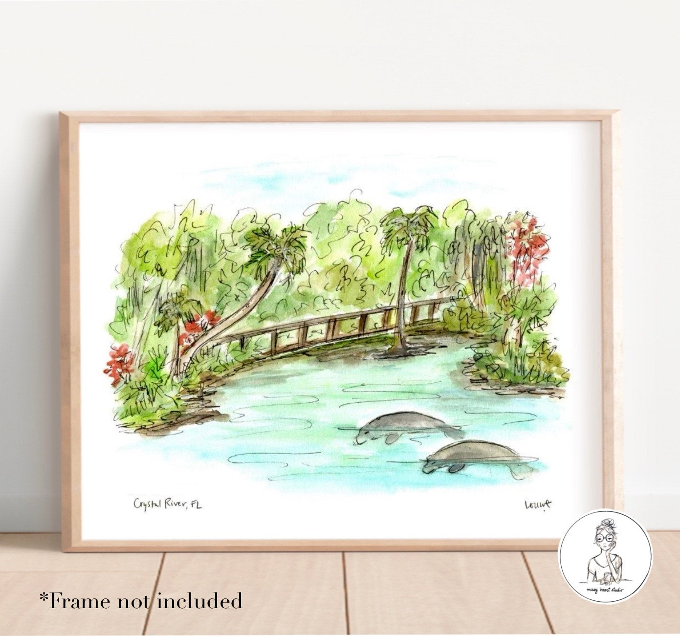 Manatees - Crystal River, FL. Watercolor and Ink Print