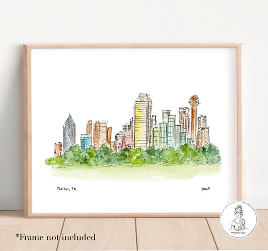 Dallas, TX - Skyline. Watercolor and Ink Print